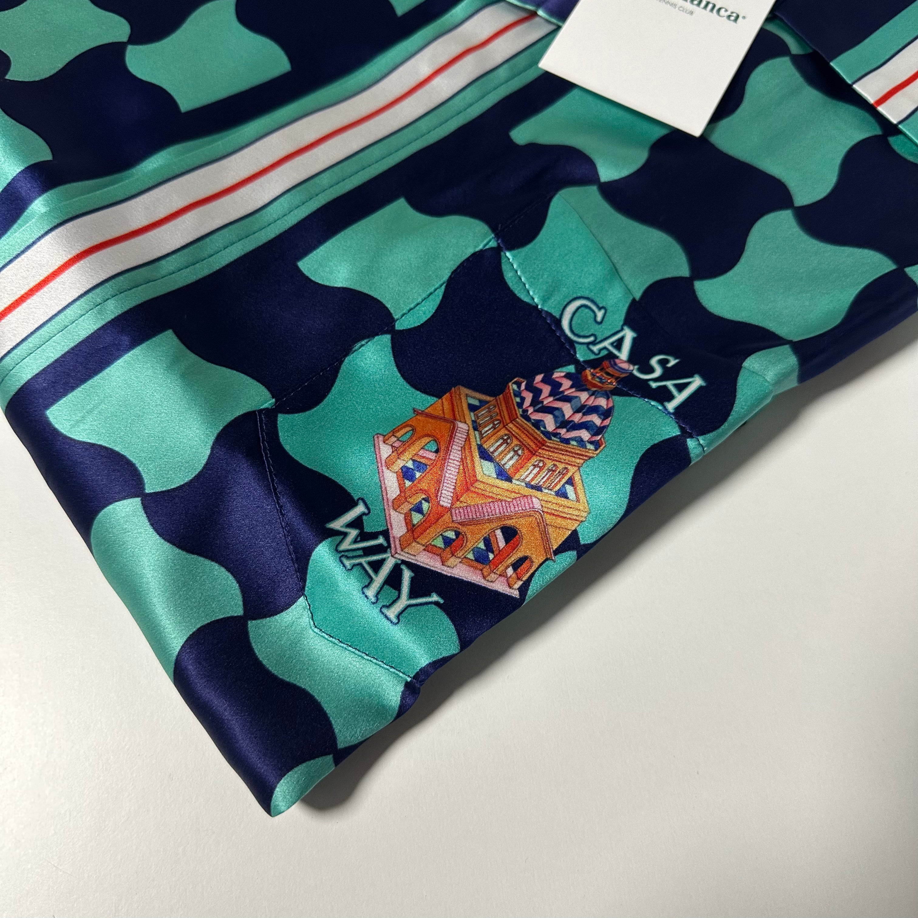 Casablanca Cuban Collar Short Sleeve Silk Shirt Pool Tile