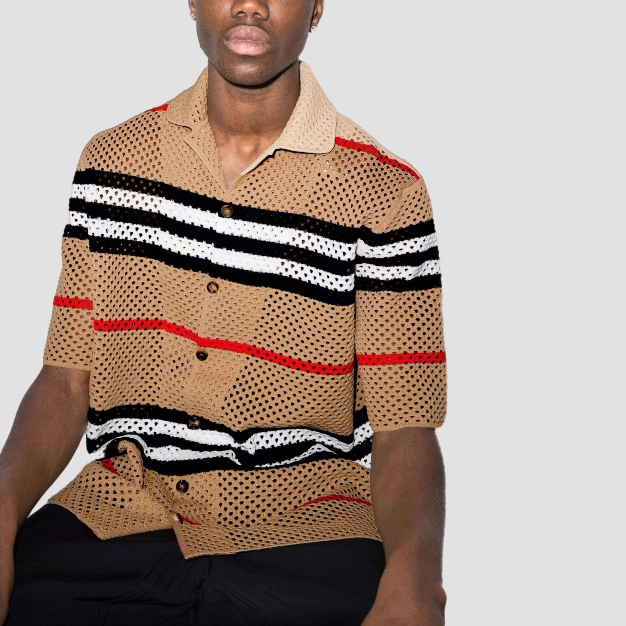 Burberry Malet Short-sleeved Icon-print Crochet Shirt In Camel