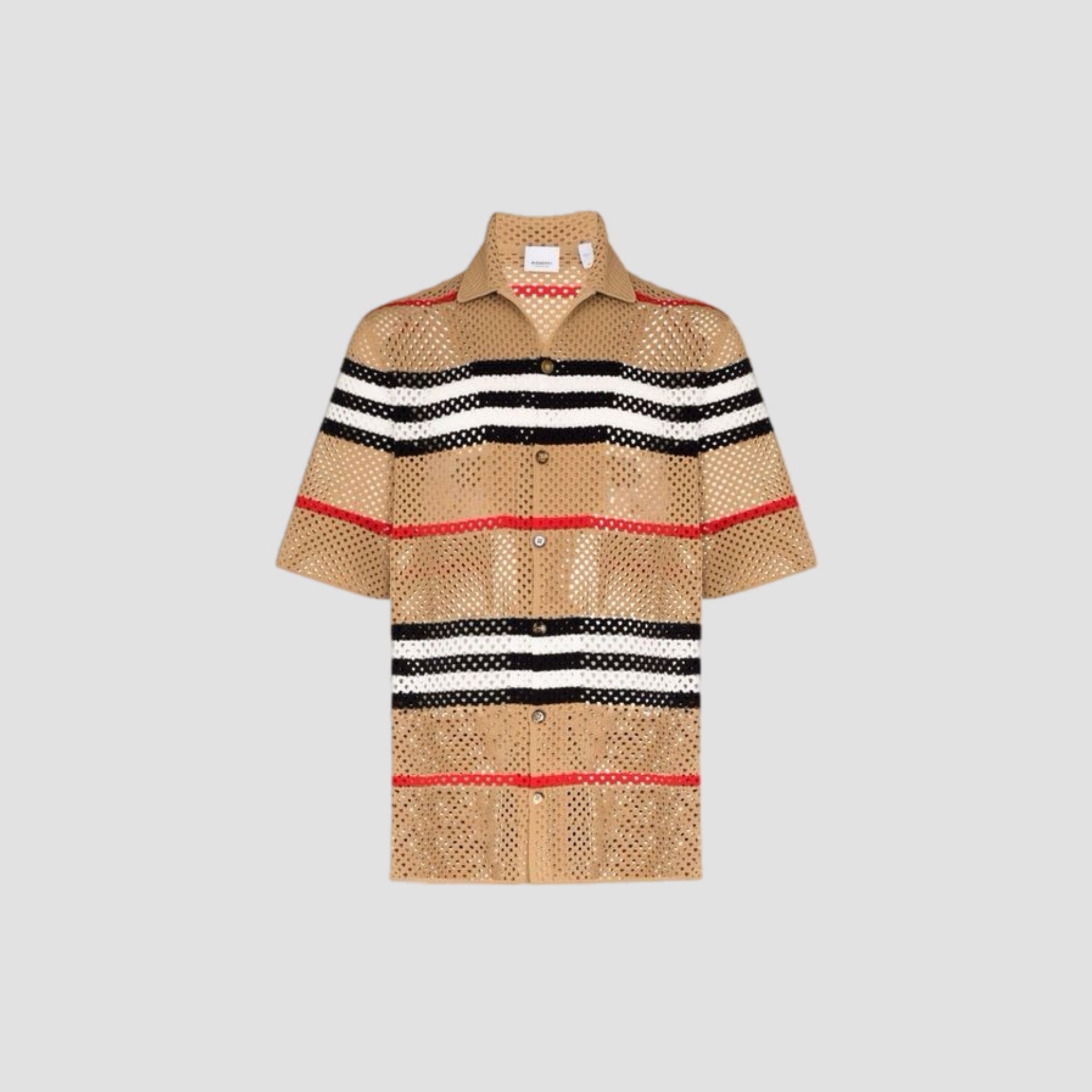 Burberry Malet Short-sleeved Icon-print Crochet Shirt In Camel