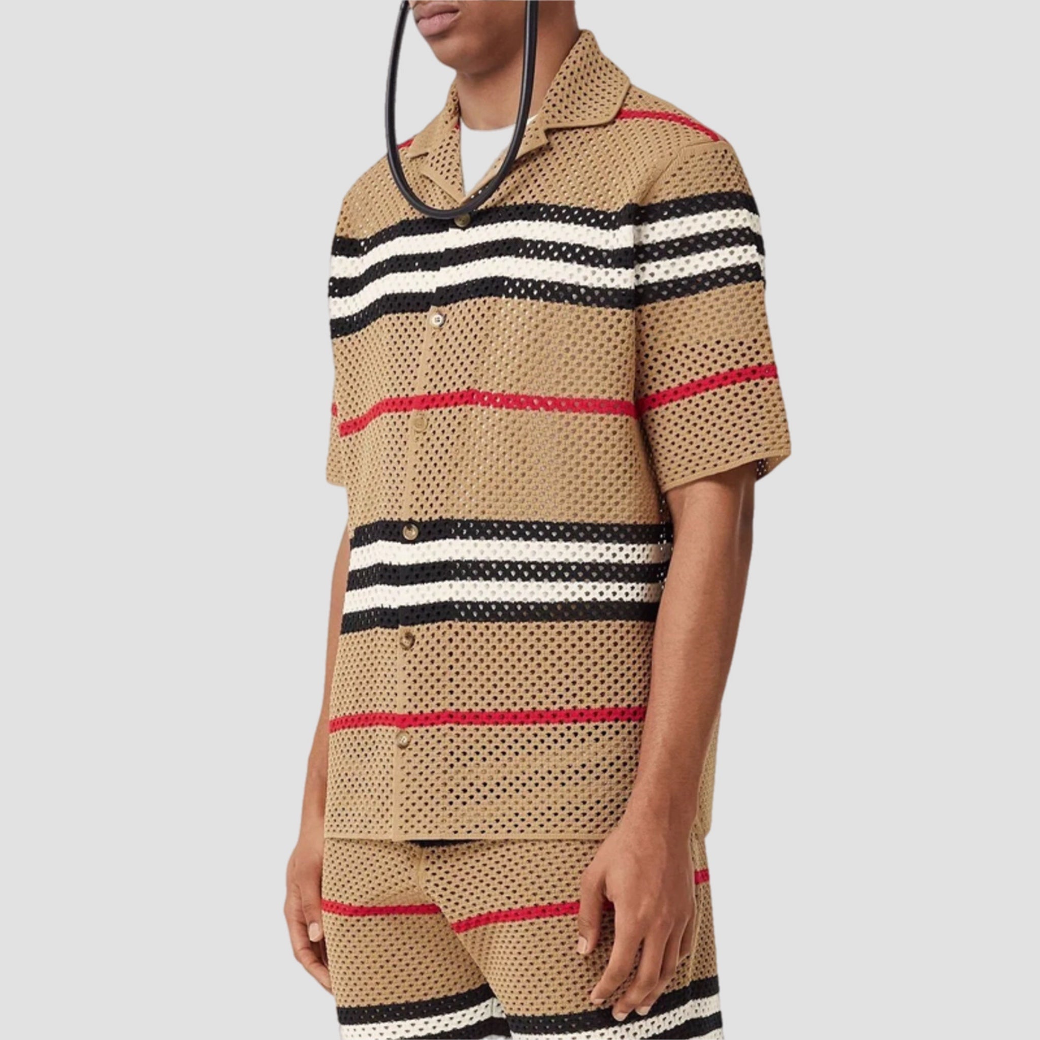 Burberry Malet Short-sleeved Icon-print Crochet Shirt In Camel